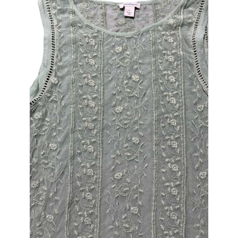 Sundance Tank Top Womens L Green Embroidered Floral Sheer Lace Lined Wide Strap